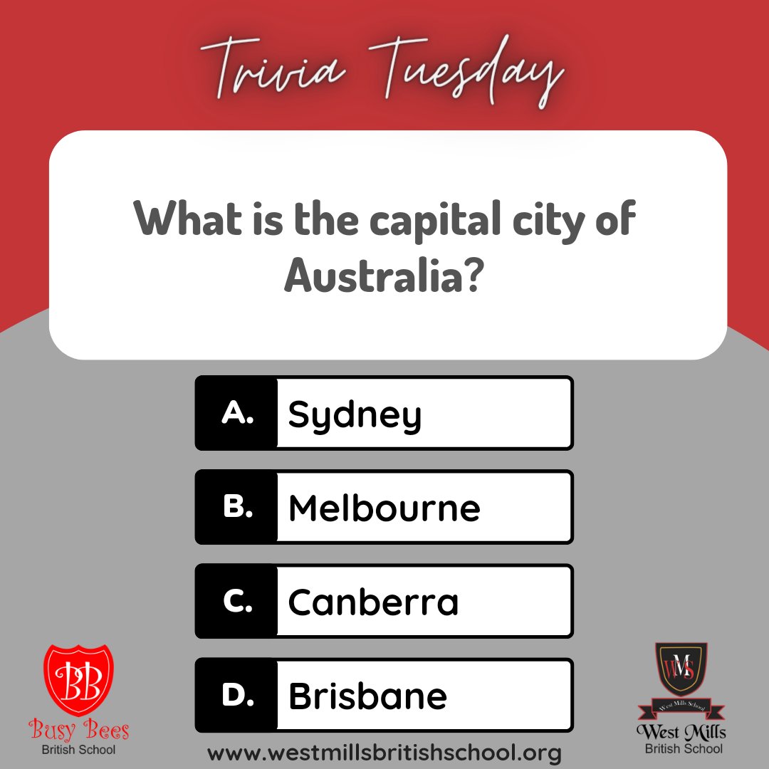 #TriviaTuesday
What is the capital city of Australia?

#busybees #westmills #education #lagos #nigeria #school #lagosnigeria #learning #britisheducation #smartkids #british #creativechildren #Tuesday #trivia