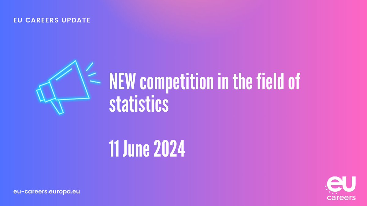 🚨 A new competition will soon be launched for Statisticians in the following fields:

🔷 Data and statistics (AD6)
🔶 Macroeconomic statistics (AD7)  

📅Planned publication: 11/06/24

More details ⬇️
bit.ly/3wvzbMX

#EUCareers #ShapingEuropeTogether