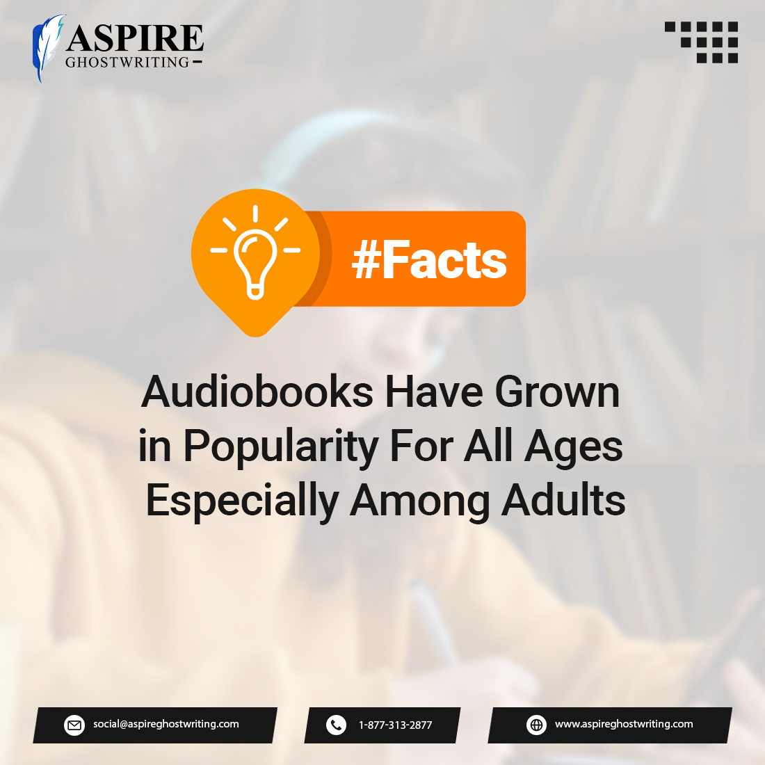 According to research from Brigham Young University, audiobooks are experiencing an upward trend, particularly among adult listeners.

Contact us today and publish your audiobook with us.

#aspireghostwriting #lineediting #writingstyle #bookmarketing #bookpublishing #facts
