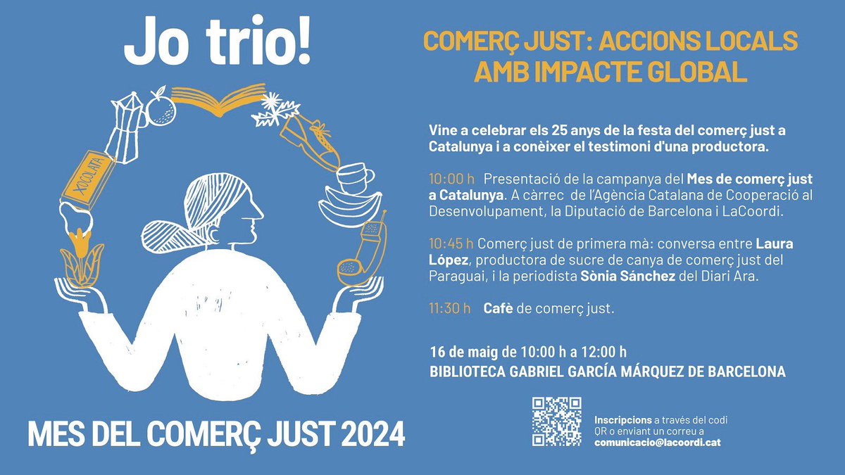 🗓️Dijous 16/5, acte central del #MesComerçJust amb @LaCoordiCat. Vine a la biblioteca @bgarciamarquez a escoltar la productora de sucre Laura López (@coopmanduvirapy, Paraguai) en una conversa sobre comerç just amb @soniasanlop. Et convidem a un cafè ☕! cooperaciocatalana.gencat.cat/ca/actualitat/…