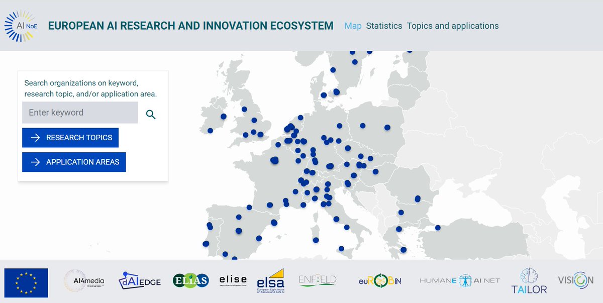📌📢 Wonder which are the main European #AI Research & Innovation Hubs? #VISION4AI, in collaboration with the @EU_Commission & 9 AI Networks of Excellence, launched a dedicated mapping tool. See the map of research topics and application areas below 👇👇 vision4ai.eu/ai-ecosystem-m…