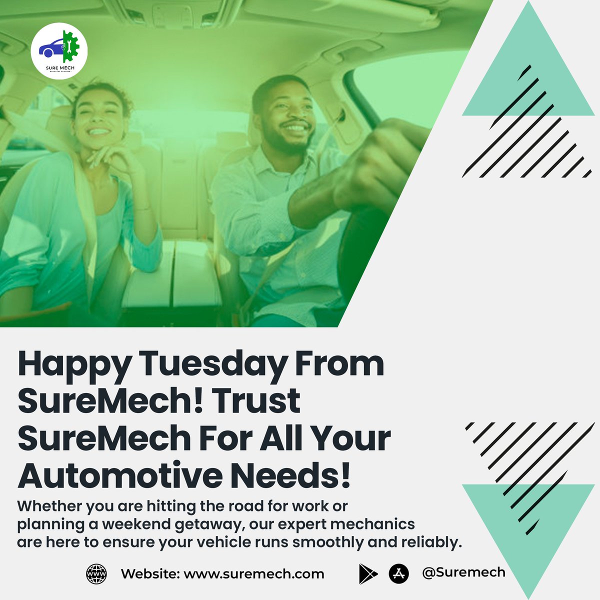Happy Tuesday from SureMech! 🚗✨ Whether you're hitting the road for work or planning a weekend getaway, our expert mechanics are here to ensure your vehicle runs smoothly and reliably. Trust SureMech for all your automotive needs and experience top-notch service every time.