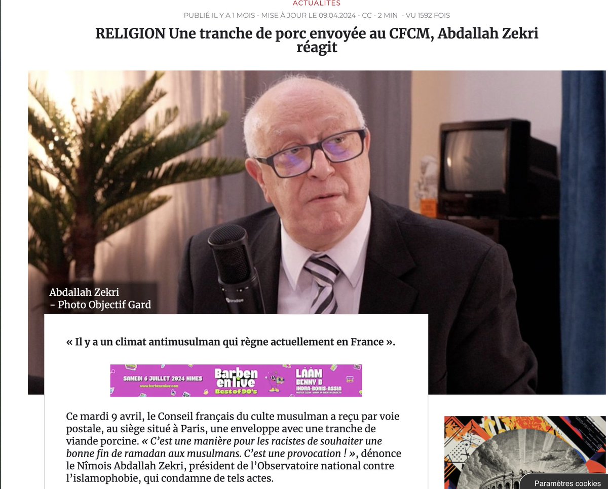 C'est ce monsieur Abdallah Zekri du Conseil Français du Culte Musulman qui place depuis plusieurs mois des cibles dans mon dos. Sans doute ne m'émeus-je pas assez de cette provocation terrifiante (une tranche de lard, nourriture de mécréant, envoyée au CFCM), occupée que je suis