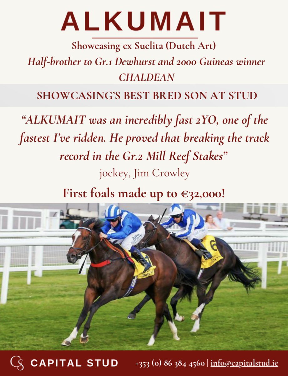 “ALKUMAIT was an incredibly fast 2 YO, one of the fastest I’ve ridden. He proved that breaking the track record in the Gr.2 Mill Reef Stakes” jockey, Jim Crowley #capitalstud #alkumait