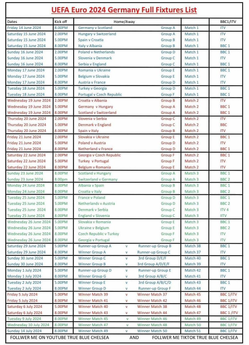 Full EURO 2024 fixture and TV schedule ⚽️