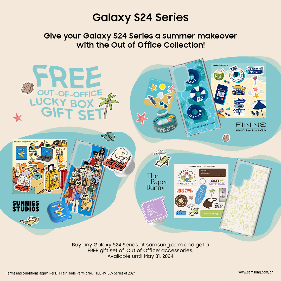 Slay your summer style game with a FREE Out of Office gift set when you purchase the #GalaxyS24 Series!🌴 Explore these epic accessories in collaboration with @FinnsBeachClub, @SunniesStudios, and The Paper Bunny. Get yours now: smsng.co/SamsungxYou-Su… #SamsungxYou