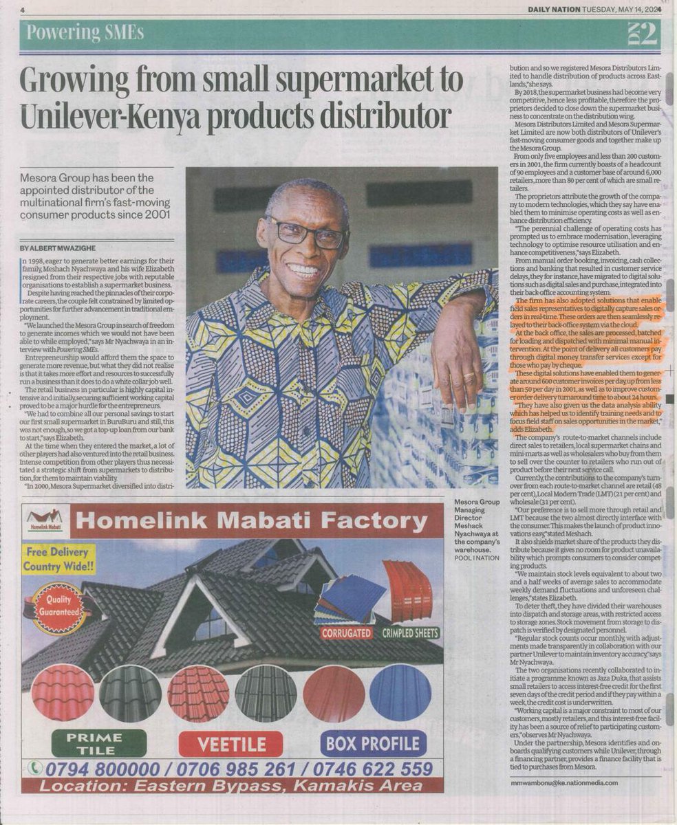 SFA_Kenya's tweet image. In today's Daily Nation, Sales Force Automation Kenya has been featured as a success story by Mesora Group. Our platform has enabled field sales representatives capture sales orders in real time, helping businesses increase their sales revenue.