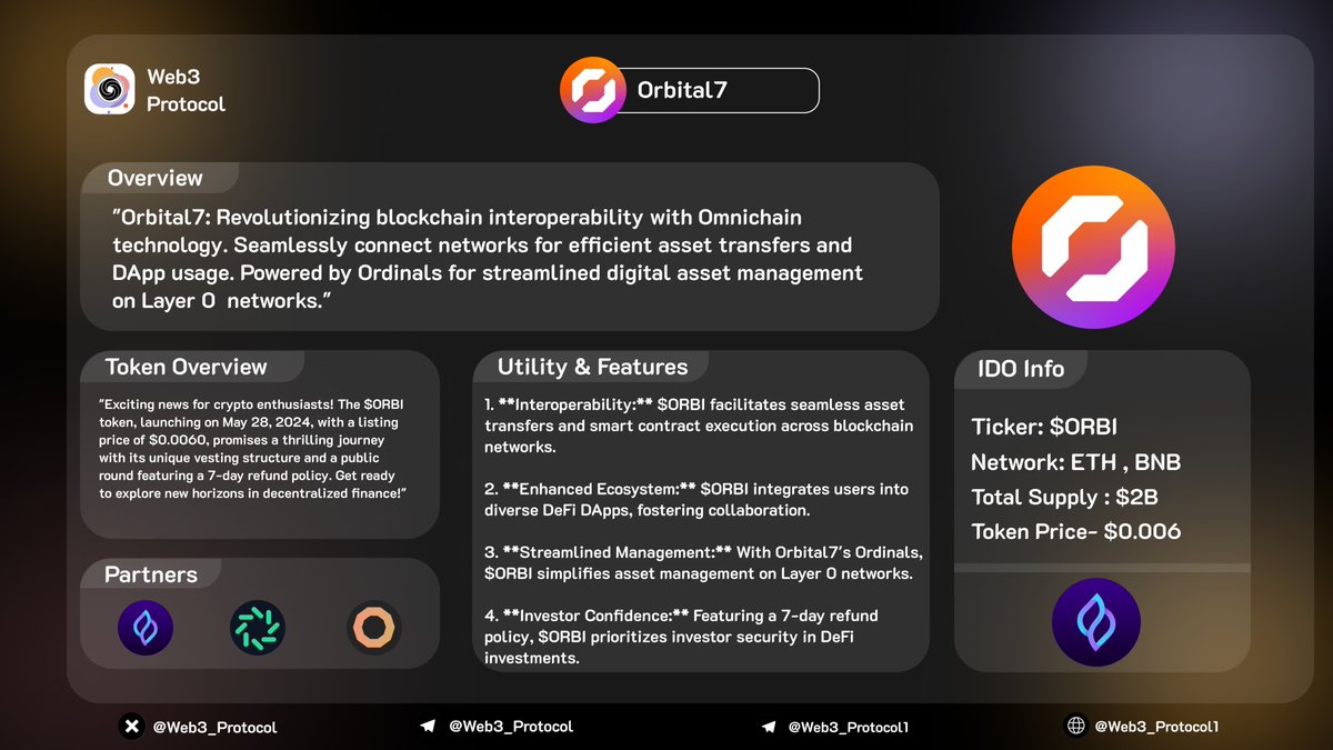 🚀@Orbital7BTC- Project Overview 🌎Orbital7: Omnichain pioneer connecting networks for seamless asset transfers, smart contracts, and DApp usage. Powered by Ordinals for efficient Layer 0 digital asset management.' 🟢Total Supply: 2B 📕 Token Overview:ORBI token on BNB Chain: