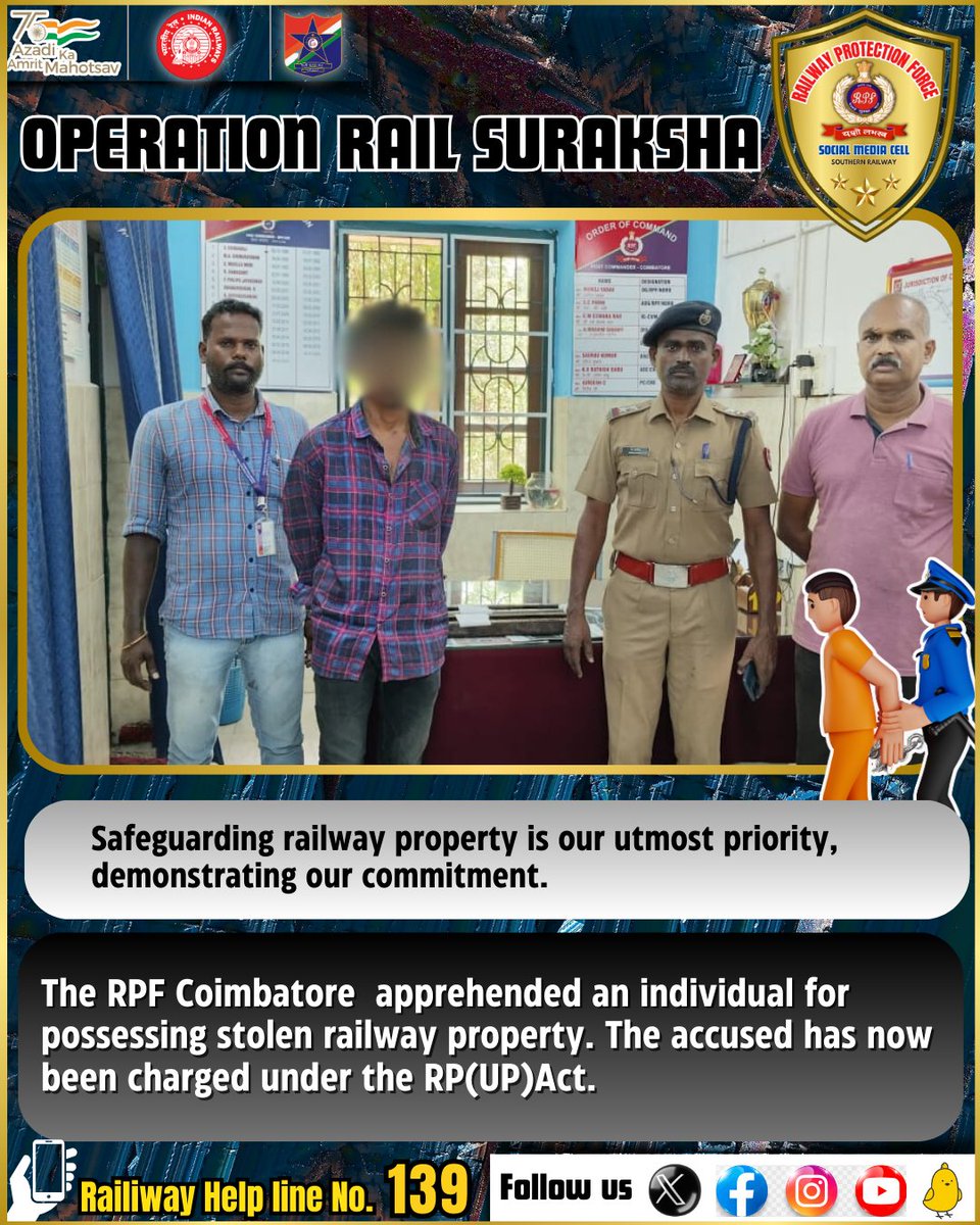 #operationrailsuraksha #RPF #RPFSR #goodwork #railways #SouthernRailway @RailMinIndia @RPF_INDIA @GMSRailway