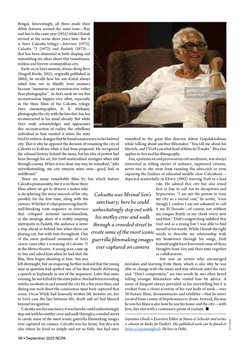 Mrinal Sen, born on this day in 1923. I had written an essay about Sen's complex but extraordinarily honest relationship with Calcutta — his “El Dorado” — last year, for the September issue of @NCPAMumbai's ON STAGE magazine. Do read, if and when you have five minutes to spare.