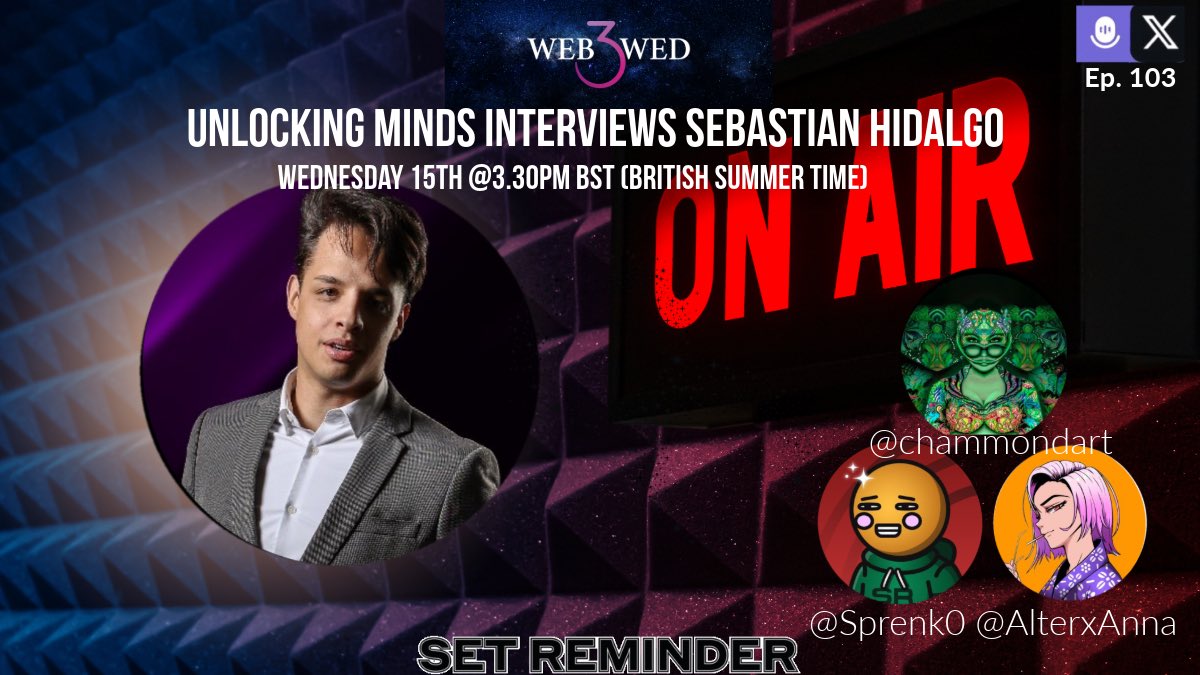 Our Unlocking Minds 𝕏Space this week will be exploring amazing Brand Strategist <a href="/TheSebasHidalgo/">Sebastian D. P. Hidalgo</a> 

Join us as <a href="/chammondart/">Carolyn Hammond | Trusted Loops</a> <a href="/AlterxAnna/">Ann4lea 2nd</a> &amp; <a href="/sprenk0/">Sprenkō.🌻</a> journey into Sebastián’s life and Web3 journey. Get ready to uncover the story behind this super talented individual 😎
Set your