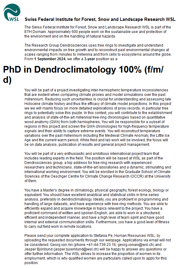 #PhD alert! The Research Group #Dendrosciences offers a PhD position in #Dendroclimatology to investigate inter-hemispheric temperature inconsistencies. The focus lies on data analysis, publication, and project management: apply.refline.ch/273855/1637/pu… #joboffer