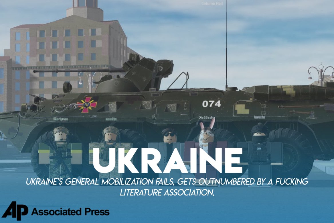 Associated_RBLX's tweet photo. UKRAINE
The (un)democratically elected clown in charge’s order of general mobilization fails, gets outnumbered by a literature association. https://t.co/J4Aj1zlRAI
