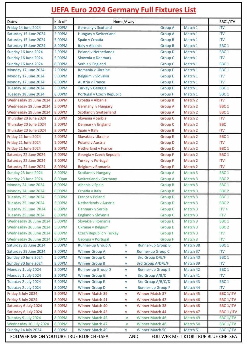 Full EURO 2024, fixture and TV schedule. You can thank us later.