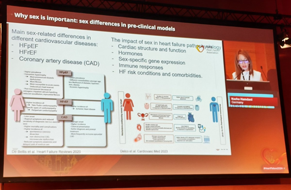 Last day (half-day) here in Lisbon at the #HeartFailure2024 starting with Women in Cardiology, Cardiology in Women. Why sex is important in pre-clinical models. Previous models were only ♂️ leaving a major knowledge gap. In HFpEF ♀️ ⬆️ inflammation ⬆️cardiac stiffness #WIC