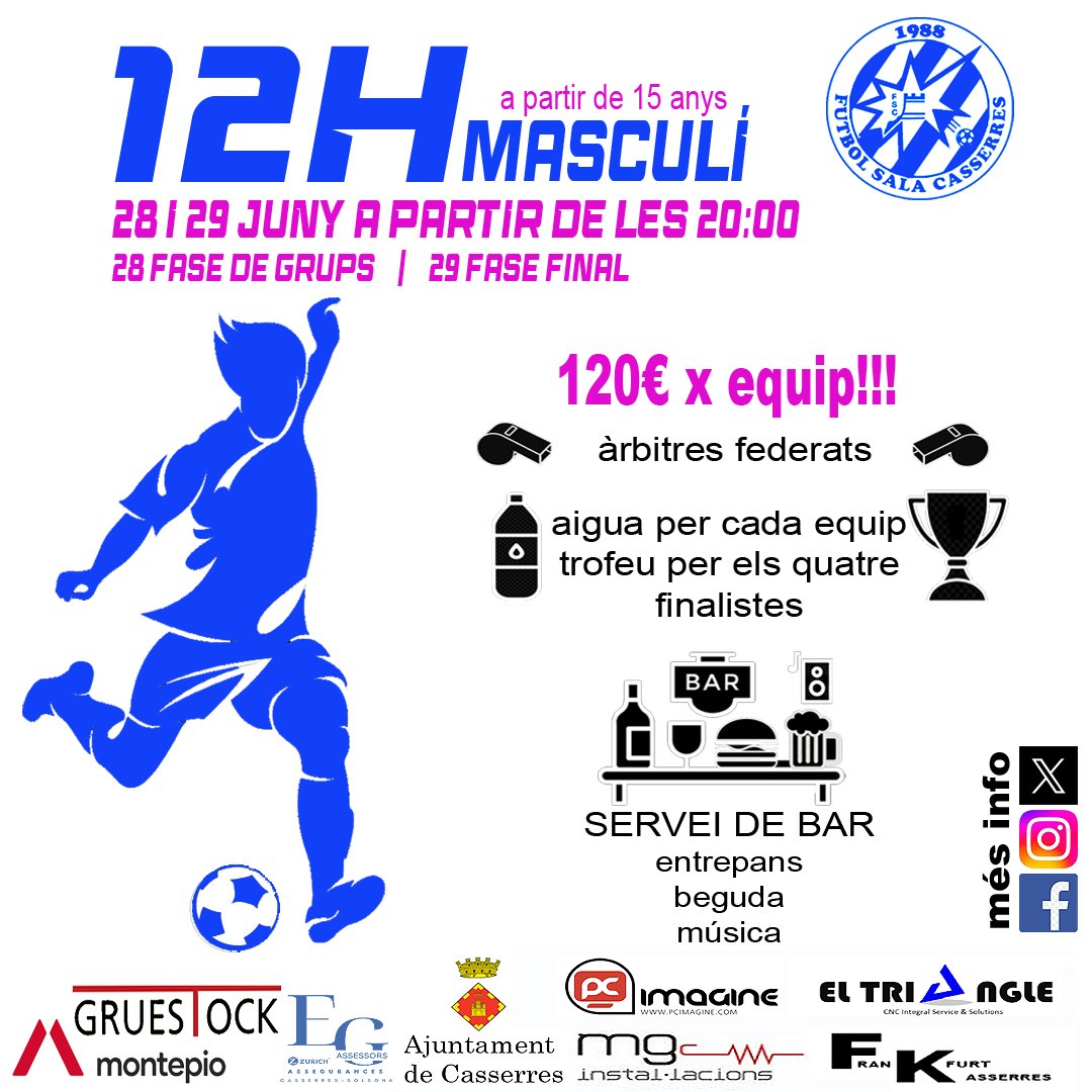 ⚠️  TORNEIG MASCULÍ 2024  ⚠️

El torneig es divideix en 2 fase: grups i eliminatòries.

El divendres, 28 de juny a partir de les 20:00, es disputarà la fase de grups
El dissabte, 29 de juny a partir de les 20:00, es disputaran les eliminatòries
forms.gle/yn48Ztk3nm2JA9…