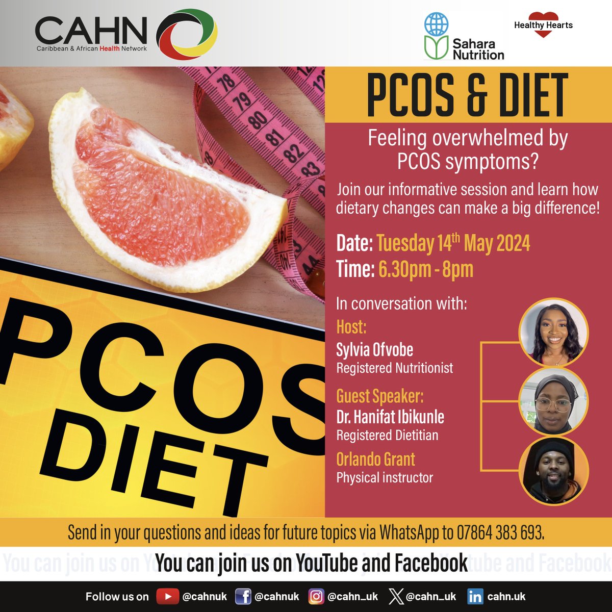PCOS affects 10% of women in the UK, and is even more common in Black women. Symptoms include excess hair growth, irregular periods & infertility issues changing your diet may help change the story! Find out more in #HealthyHearts on Tues. Sign up now: portal.cahn.org.uk/healthyhearts