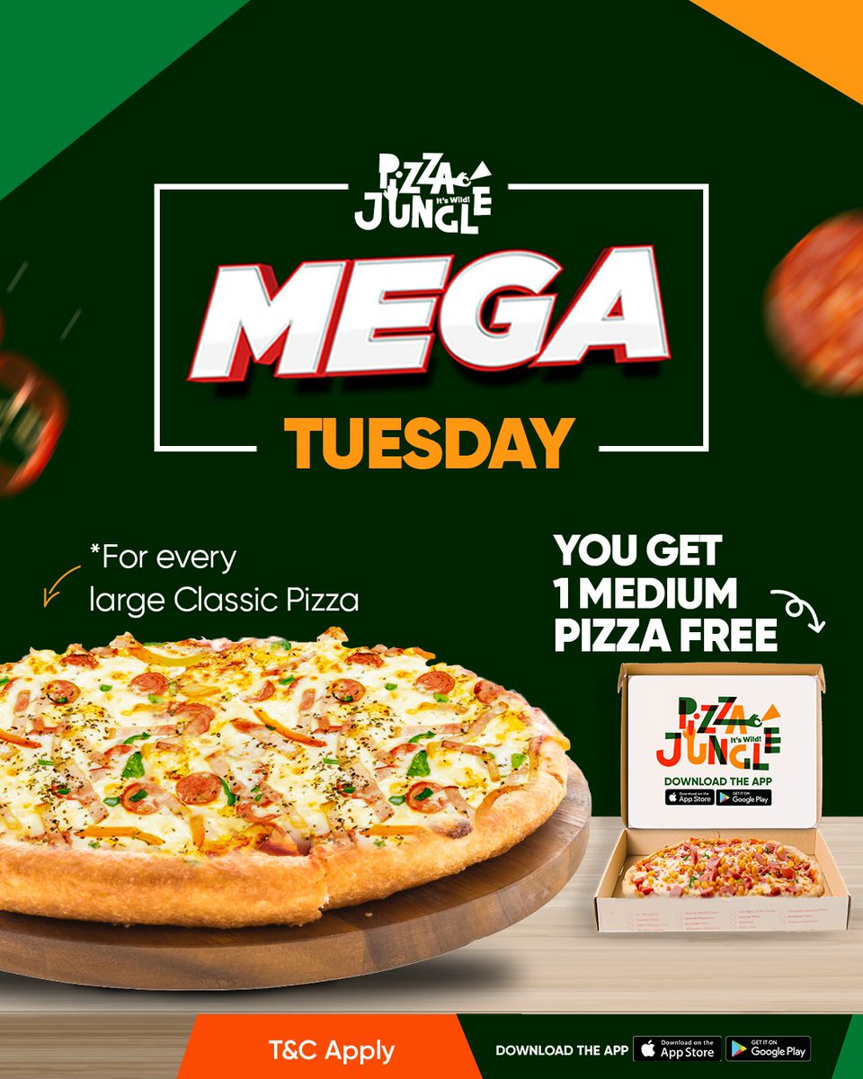 Another Tuesday to grab a a Mega deal.

#Pizzajungle #Pizza #Megatuesday