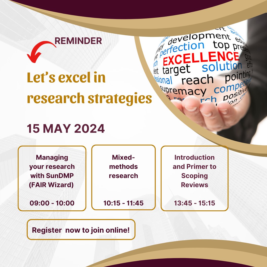 Level up your research game with our dynamic sessions for tomorrow,15 May! #ResearchExcellence #SunDMP #scopingreviews #mixedmethods #researchweek
Register here: bit.ly/4byUfBy