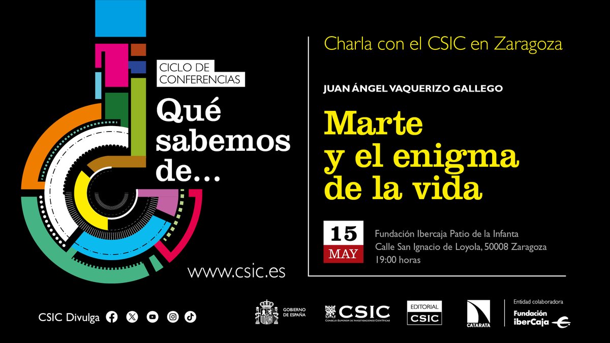 'Marte y el enigma de la vida'. Este miércoles 15 de mayo, conferencia #QuéSabemosDe en Zaragoza con Juan Ángel Vaquerizo, @C_Astrobiologia. A las 19h en el Patio de la Infanta, @FundIbercaja 👉 csic.es/es/agenda-del-…