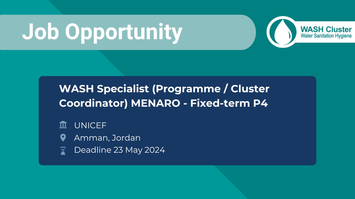 🚨JOB Alert🚨 UNICEF Regional Office for Middle East and North Africa (MENARO) is looking for a WASH Specialist (Programme/Cluster Coordinator) 📅 Deadline to apply: 23 May 2024 🔗 See job description and apply here: bit.ly/44G1zck