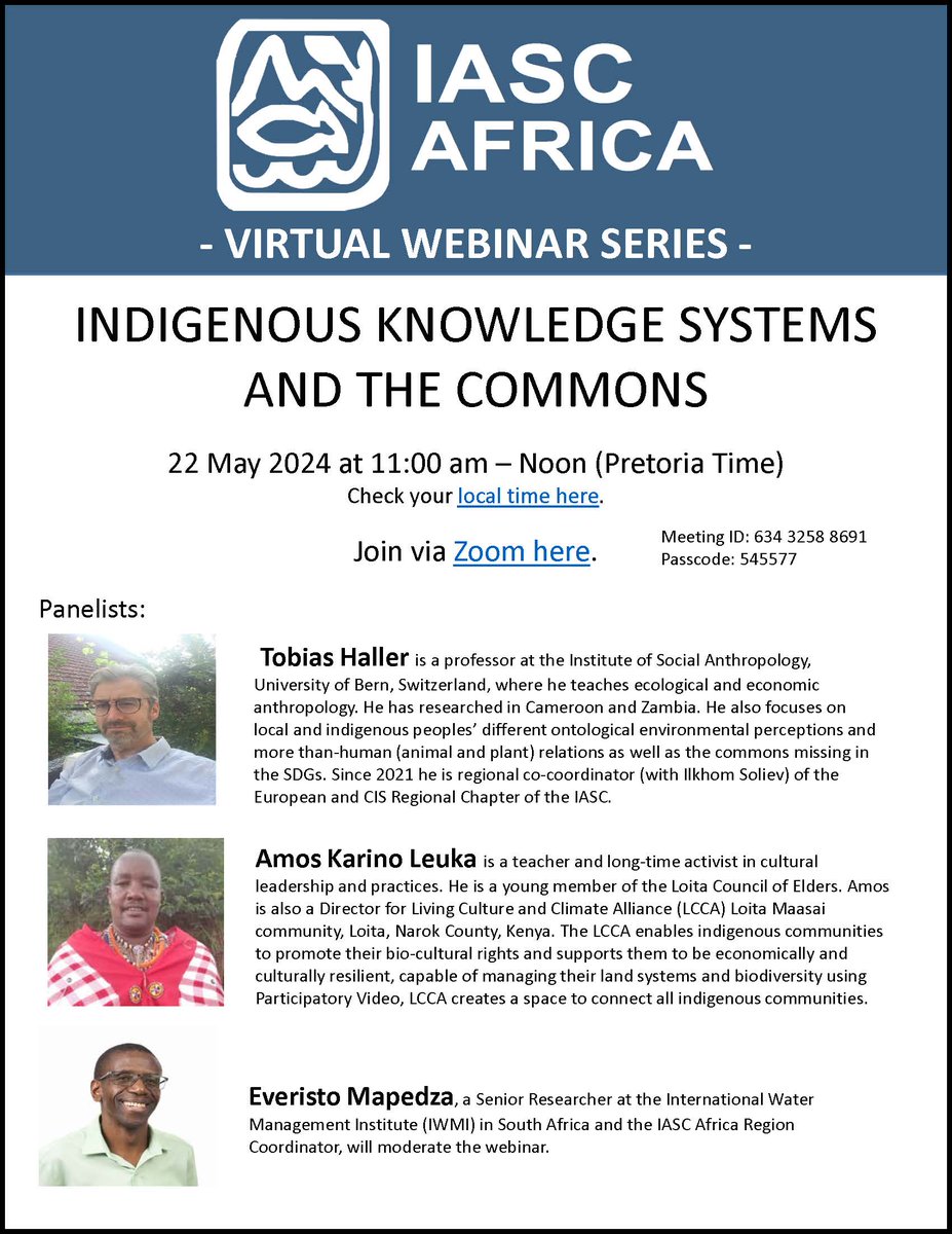 Everisto Mapedza (@mapedzad) on Twitter photo Join us on May 22, 2024, for the IASC Africa Virtual Webinar entitled "Indigenous Knowledge Systems and the Commons." The Zoom Link: unibe-ch.zoom.us/j/63432588691?…
More details are in the announcement flyer below. <a href="/iasc_commons/">IASC COMMONS</a> <a href="/IJCCommons/">IJC Commons Journal</a> <a href="/Ruth_Meinzen_D/">Ruth Meinzen-Dick</a> <a href="/RuthHallPLAAS/">Ruth Hall</a> Join us on May 22, 2024, for the IASC Africa Virtual Webinar entitled "Indigenous Knowledge Systems and the Commons." The Zoom Link: unibe-ch.zoom.us/j/63432588691?…
More details are in the announcement flyer below. <a href="/iasc_commons/">IASC COMMONS</a> <a href="/IJCCommons/">IJC Commons Journal</a> <a href="/Ruth_Meinzen_D/">Ruth Meinzen-Dick</a> <a href="/RuthHallPLAAS/">Ruth Hall</a>