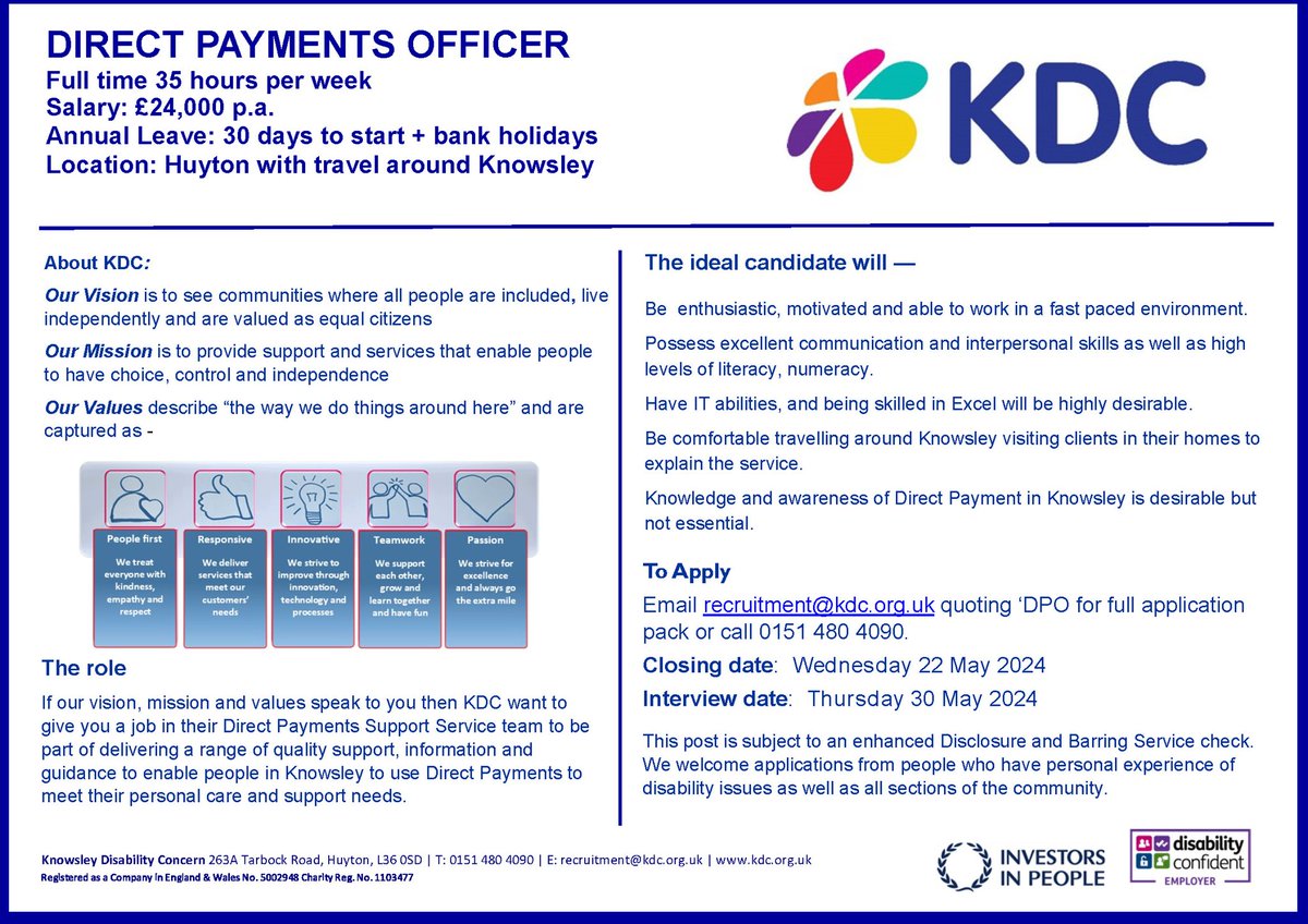 We are looking to recruit a new Direct Payments Officer.
<a href="/JCPinMerseyside/">JCP in Merseyside</a>