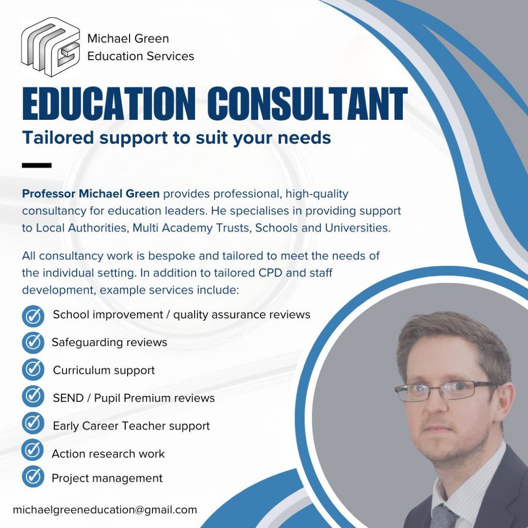 I provide tailored education consultancy support for LAs, MATs, Schools & Universities. Based in the South East but can travel. All work is bespoke to meet your needs. If you’d like to know more, DM me or email #education #ukedchat  #teachertwitter #edutwitter #teacher5oclockclub
