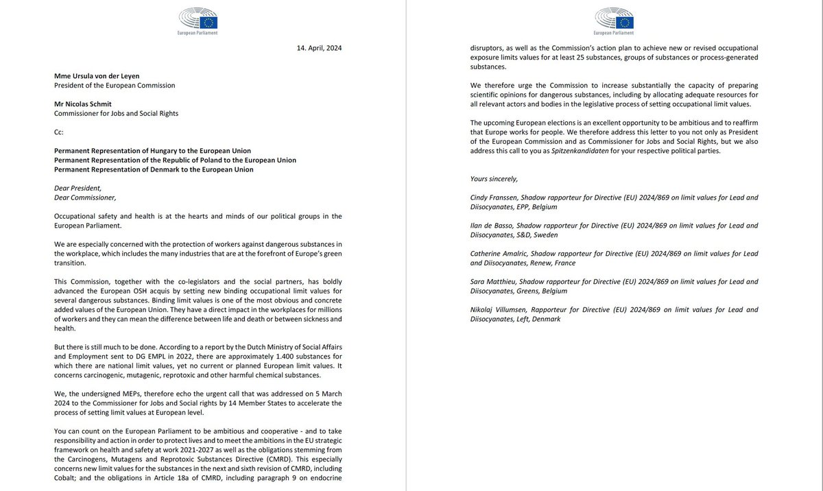 We need to act on chemicals in the workplace! If not workers will continue to get sick & die from going to work! That's the message behind the letter we sent to the EU-Commission & the coming EU-Presidencies today @msaraswati, @ilandebasso, @AMALRICCatheri1 and @FranssenCindy.
