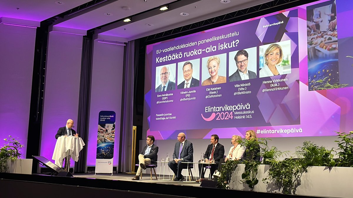Puolueiden kärkiehdokkaat <a href="/HennaVirkkunen/">Henna Virkkunen</a> <a href="/ElsiKatainen/">Elsi Katainen</a> <a href="/EeroHeinaluoma/">Eero Heinäluoma</a> <a href="/VilleNiinisto/">Ville Niinistö</a> <a href="/vilhelmjunnila/">Vilhelm Junnila</a> keskustelevat, millaisella EU-sääntelyllä turvataan suomalaisen ruoka-alan tulevaisuus #Elintarvikepäivä