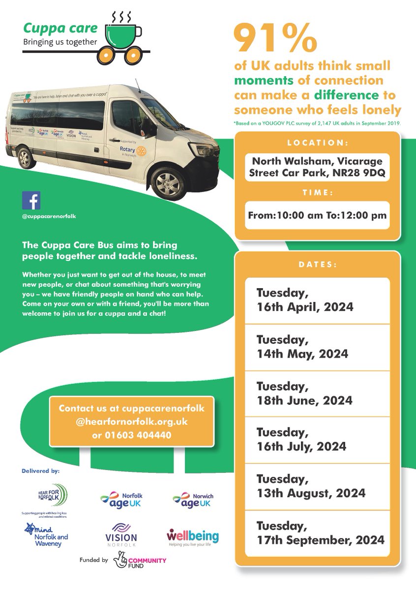 The Cuppa Care bus will be visiting #NorthWalsham & #Sheringham today!

Vicarage Street Car Park: 10am to noon

Station Approach Car Park: 1pm to 3pm

hearfornorfolk.org.uk/cuppa-care/

#cuppacare #health #wellbeing #norfolk