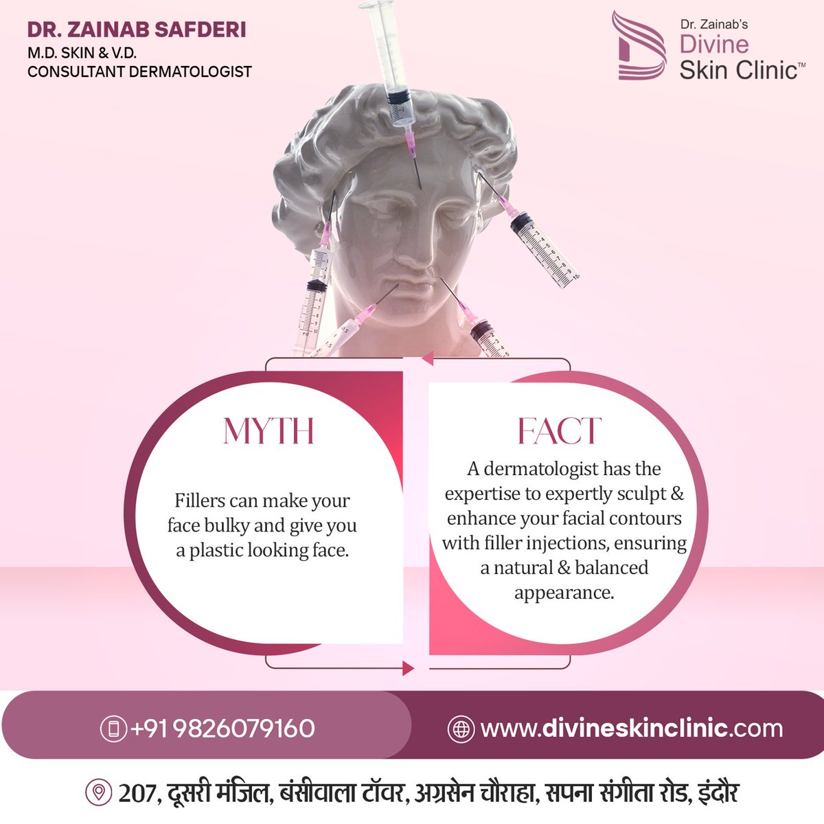 Bursting the myths around fillers! 🚫💉 Embrace the facts: when done by a skilled dermatologist, fillers can enhance your facial contours naturally and beautifully. It’s time to glow! 📞+91 9826079160 📍207, Bansiwala Tower, Near, Agrasen Square, Navlakha, Indore