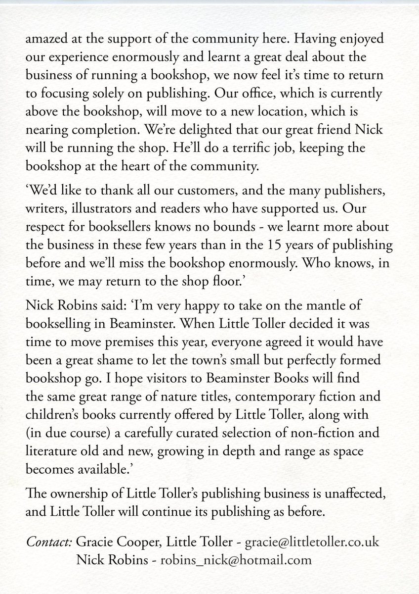 SOME QUITE BIG NEWS It’s been the best of times here in Beaminster but it’s time for a change. We’ve adored being the custodians of this little bookshop. This is a happy decision. #BookTwitter @thebookseller @BAbooksellers