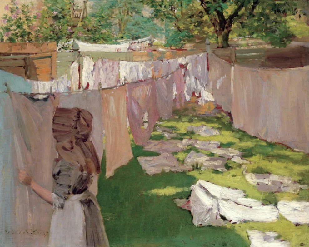 Around two years before painting 'Washing Day,' (1887) William Merritt Chase began a series of views of parks and private gardens in Brooklyn, New York, which marked a notable departure from his previous work.  While the choice of subject matter was without precedent among