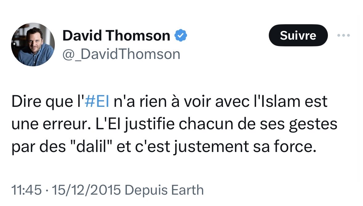📌 𝐃𝐚𝐯𝐢𝐝 𝐓𝐡𝐨𝐦𝐩𝐬𝐨𝐧 grand reporter, 𝒔𝒑𝒆́𝒄𝒊𝒂𝒍𝒊𝒔𝒕𝒆 𝒅𝒖 𝒋𝒊𝒉𝒂𝒅𝒊𝒔𝒎𝒆 a dit :

➡️ « 𝐃𝐢𝐫𝐞 𝐪𝐮𝐞 𝐃𝐚𝐞𝐜𝐡 𝐧’𝐚 𝐫𝐢𝐞𝐧 𝐚𝐯𝐨𝐢𝐫 𝐚𝐯𝐞𝐜 𝐥’𝐢𝐬𝐥𝐚𝐦 𝐞𝐬𝐭 𝐮𝐧𝐞 𝐞𝐫𝐫𝐞𝐮𝐫 »

➡️ Alors, David Thompson est-il aussi raciste et islamophobe ? 🤔