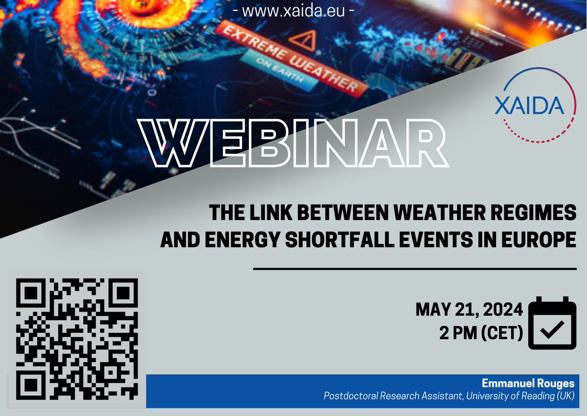 Xaida Project (@xaidaproject) on Twitter photo 🆕 XAIDA Webinar | Next week, <a href="/EmmanuelRouges/">Rouges Emmanuel</a> will explain the link between weather regimes and energy shortfall events in #Europe
📅 May 21 ⏰ 2pm CEST
🔎 Abstract & registration 👉 xaida.eu/xaida-webinar-…
#extremeevents #climateextremes #attributionscience 🆕 XAIDA Webinar | Next week, <a href="/EmmanuelRouges/">Rouges Emmanuel</a> will explain the link between weather regimes and energy shortfall events in #Europe
📅 May 21 ⏰ 2pm CEST
🔎 Abstract & registration 👉 xaida.eu/xaida-webinar-…
#extremeevents #climateextremes #attributionscience
