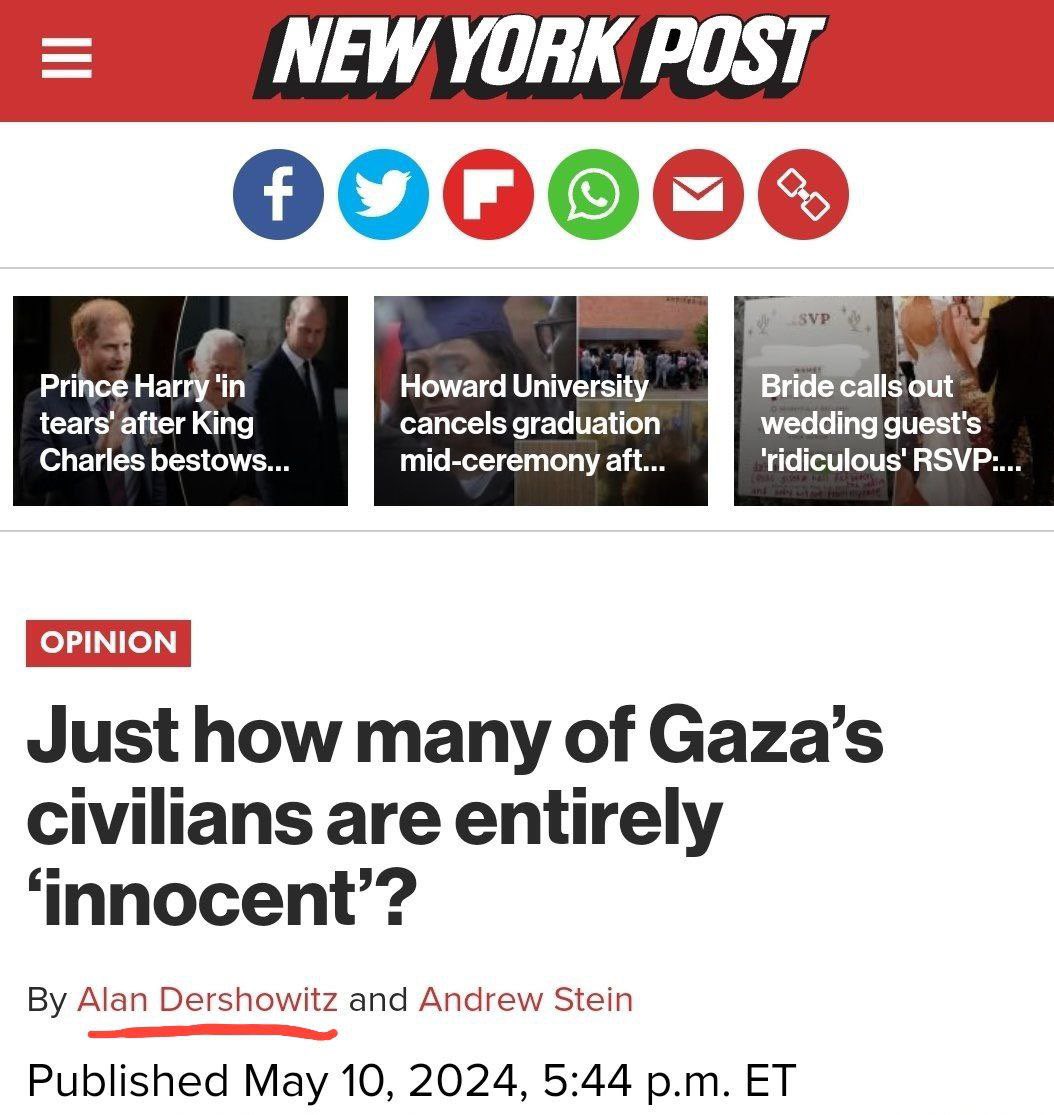En el New York Post se preguntan cuanto de los civiles de Gaza son inocentes. 

La ética periodística ha muerto ¿Y si yo preguntase cuantos de los asesinados el ataque del 7 de octubre son inocentes?

nypost.com/2024/05/10/opi…