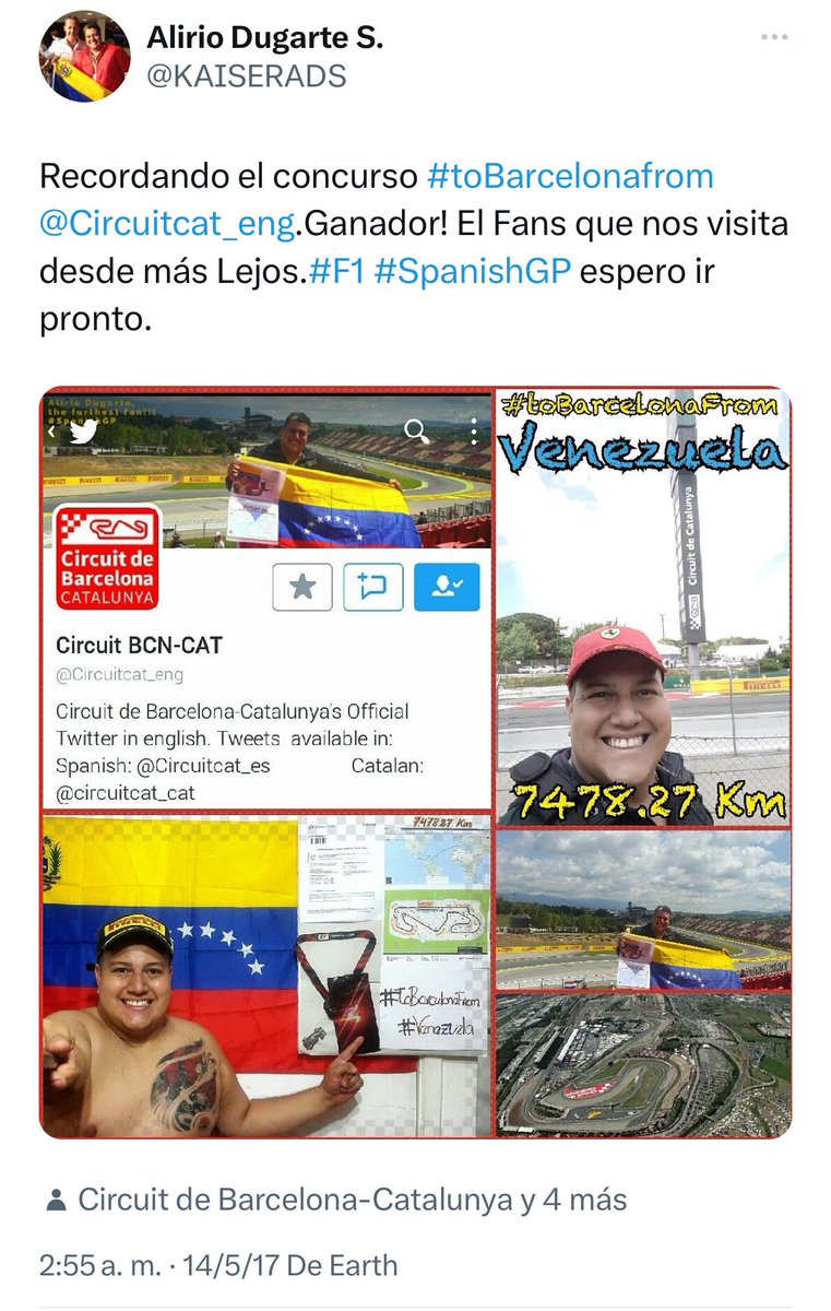 KAISERADS's tweet photo. @Circuitcat_es En la Espera y con este hermoso recuerdo hace 8 años era el Fans más lejano en ir desde Venezuela 🇻🇪 saben cuantos kilómetros hay ahora desde Argentina 🇦🇷🇪🇸 son 10.488,52 Km #F1 #SpanishGp #circuit @Circuitcat_eng @Circuitcat_cat 😍🇦🇷🛫🇪🇸🏁 https://t.co/FhdQXvWkar