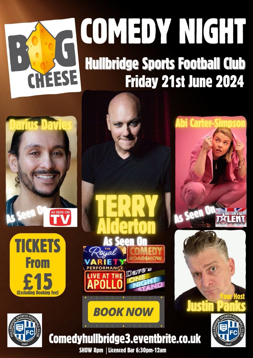 Big Cheese comedy night back again @HullbridgeFC Friday 21st June. Bar and Cafe open A brilliant event out. Discount code Bridge47 for £5 per ticket off. Link Comedyhullbridge3.eventbrite.co.uk