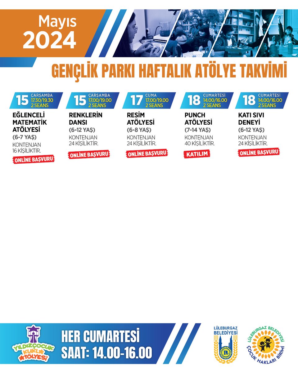 Gençlik Parkı 15-18 Mayıs etkinlik takvimini çocuklarımızın ilgisine sunarız. Online başvurulu etkinliklere başvurmak için luleburgaz.bel.tr adresindeki duyurular bölümünü ziyaret edebilirsiniz.