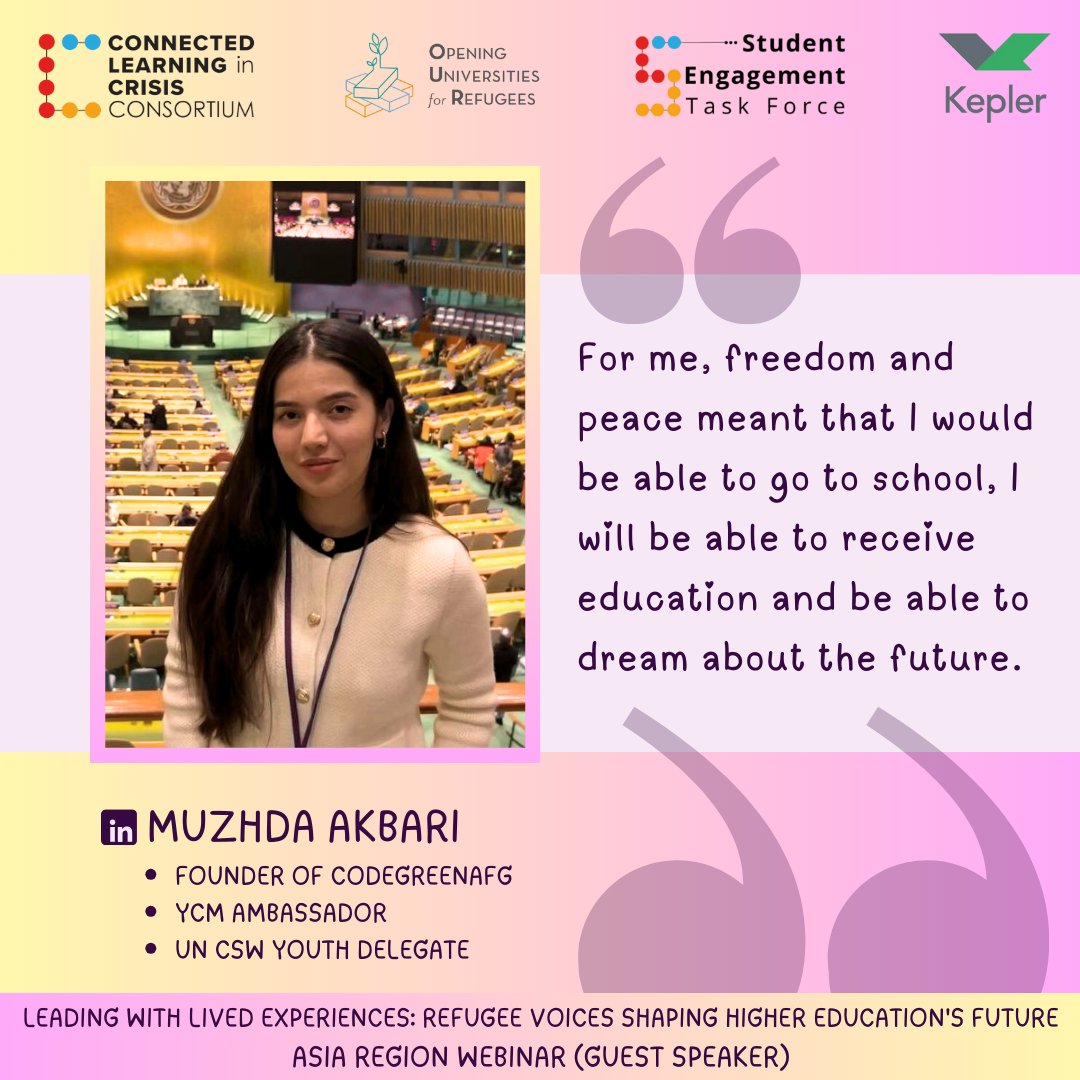 Reflecting on the "Leading with Lived Experiences: Refugee Voices Shaping Higher Education's Future" Asia Region Webinar Held on April 19, 2024; where Muzhda Akbari shared powerful insights about the transformative power of education for refugees.