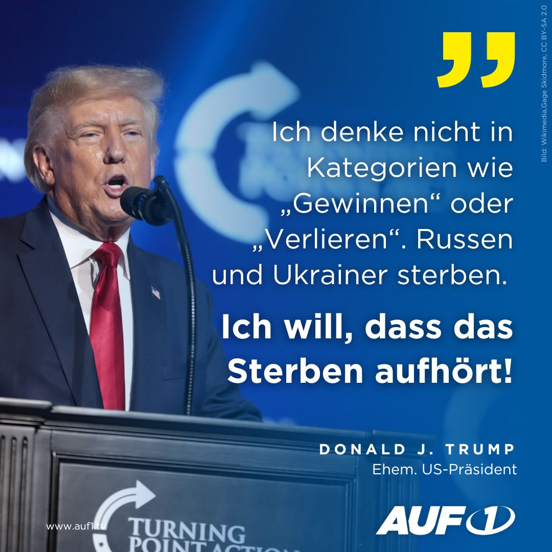 Auf die Frage, ob Russland oder die Ukraine den Krieg gewinnen soll, hat Ex-US-Präsident Donald Trump nur eine Antwort: die menschliche.

🕊 Waffen schaffen keinen Frieden. Nein zum Krieg! Ja zum Frieden! 👉 Hier die Aufkleber bestellen (auf1.shop/collections/ka…)

📣 Gleich