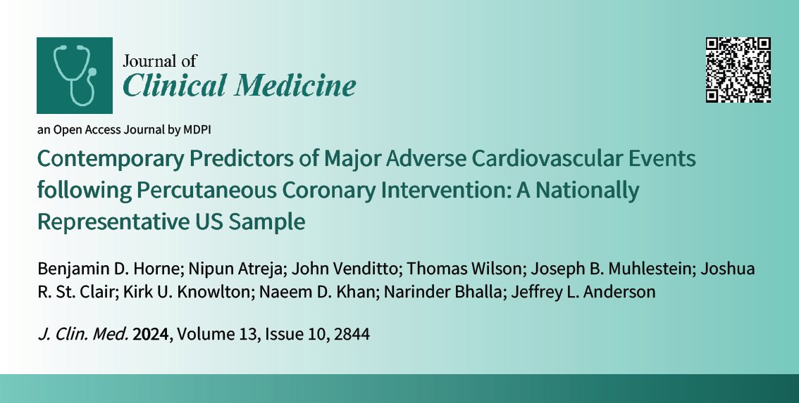 #mdpijcm 🤗#OpenAccess paper published 'Contemporary Predictors of Major Adverse Cardiovascular Events following Percutaneous Coronary Intervention: A Nationally Representative US Sample' @DrBenjaminHorne 👉Full text: mdpi.com/2785912 @StanfordMed @UUtah #cardio #clinical