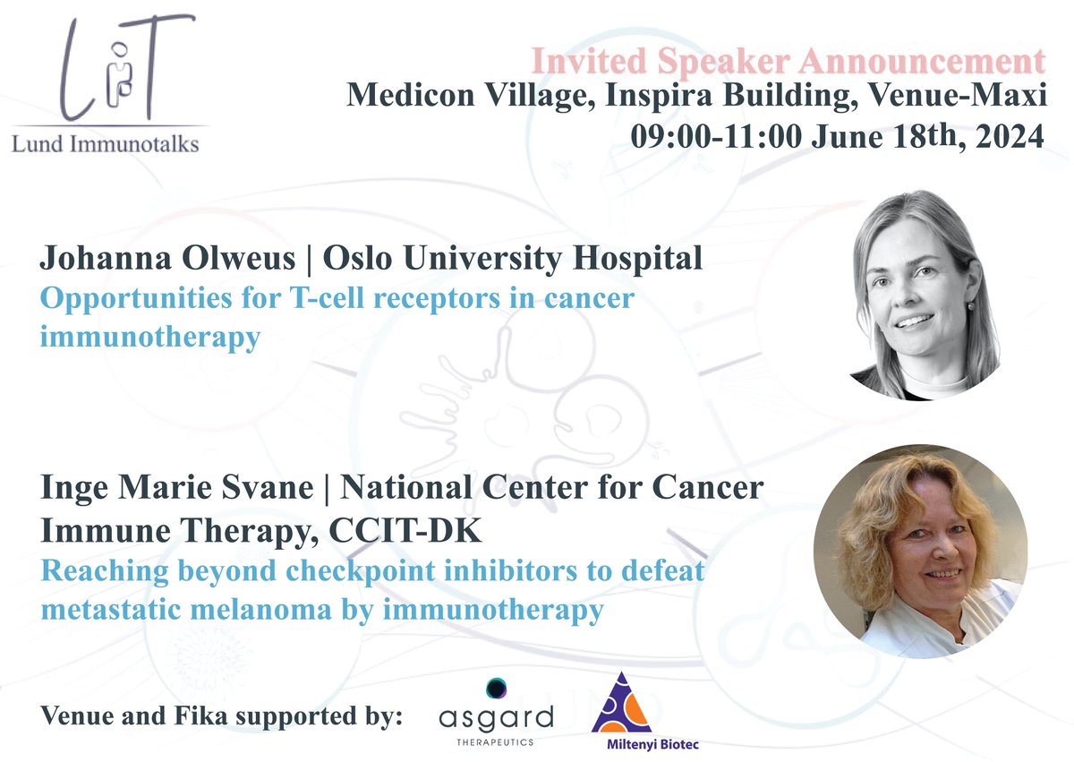 🚀 Must-Attend Event! 🚀

Join us June 18th at @MediconVillage for Lund Immunotalks with experts @JOlweus & Inge Marie Svane.  

Network during the Fika session, sponsored by @miltenyibiotec.
 
Save the date: June 18th, 9-11! 🌟

#LundImmunotalks #ImmunoOncology #Networking