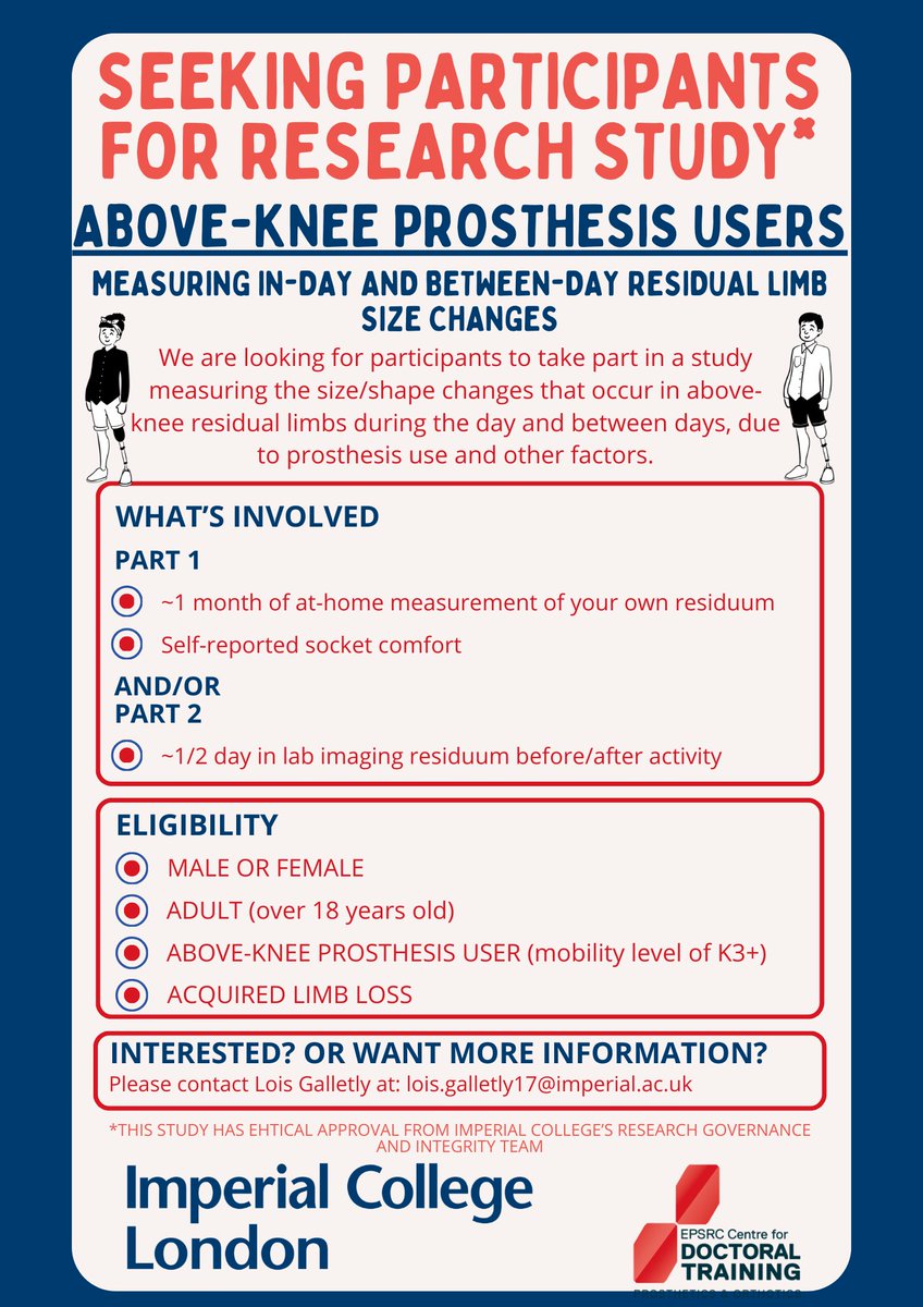‼️RESEARCH STUDY PARTICIPANT RECRUITMENT‼️🦿 We are looking for adult above-knee prosthesis users for a research study measuring residual limb size changes based at @imperialcollege in London. Contact: Lois Galletly Email: lois.galletly17@imperial.ac.uk