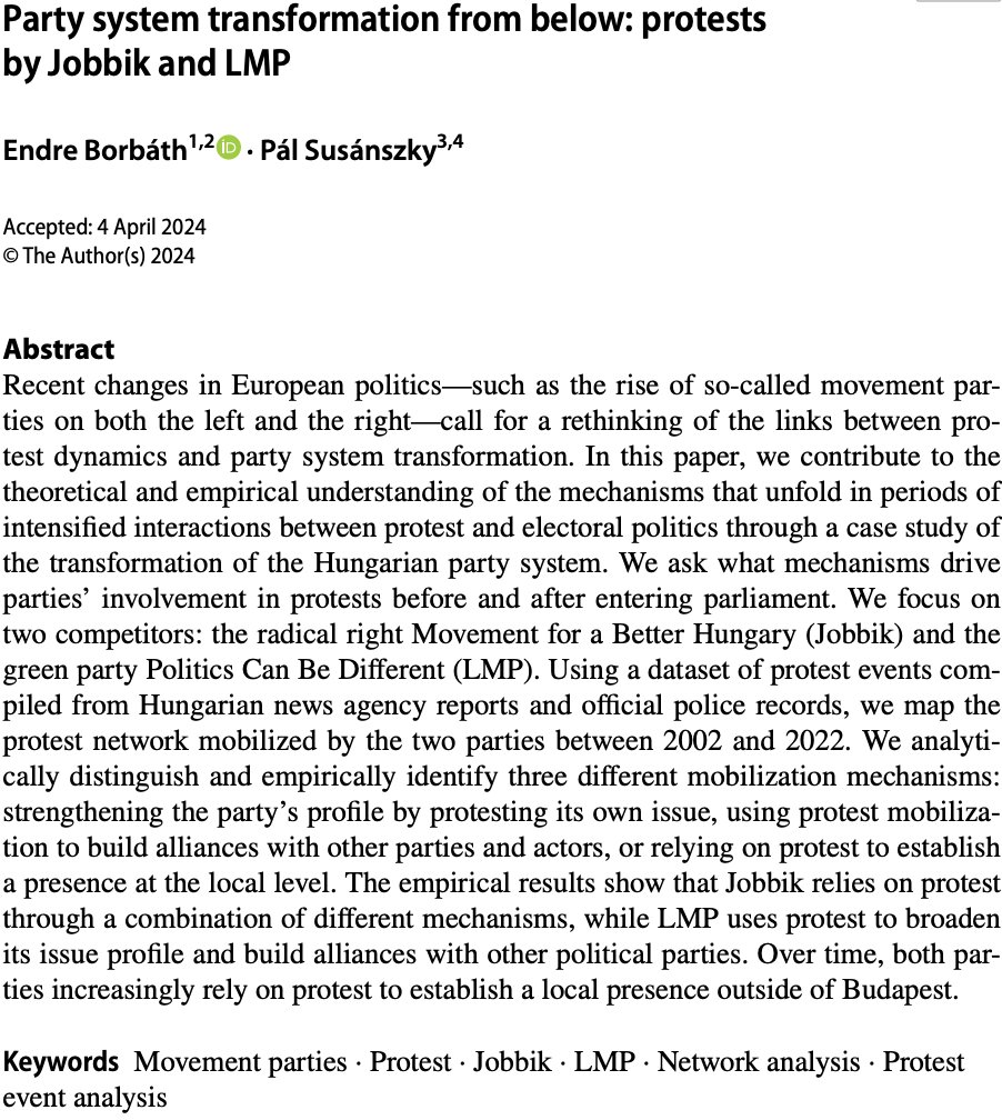 🚨 New paper with Pál Susánszky on 'Party system transformation from below: protests by Jobbik and LMP' 🚨 🧐 We examine how the protest presence of Jobbik and LMP contributed to the transformation of the Hungarian party system. 👉 link.springer.com/article/10.105… Short 🧵