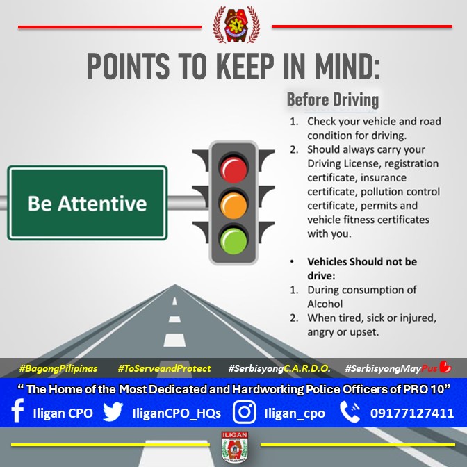 Points to keep in mind before DRIVING:

#ToServeandProtect
#BagongPilipinas
#SerbisyongCARDO
#SerbisyongMayPuso
#PCADGNorthernMindanao
@PCADGNorMin
