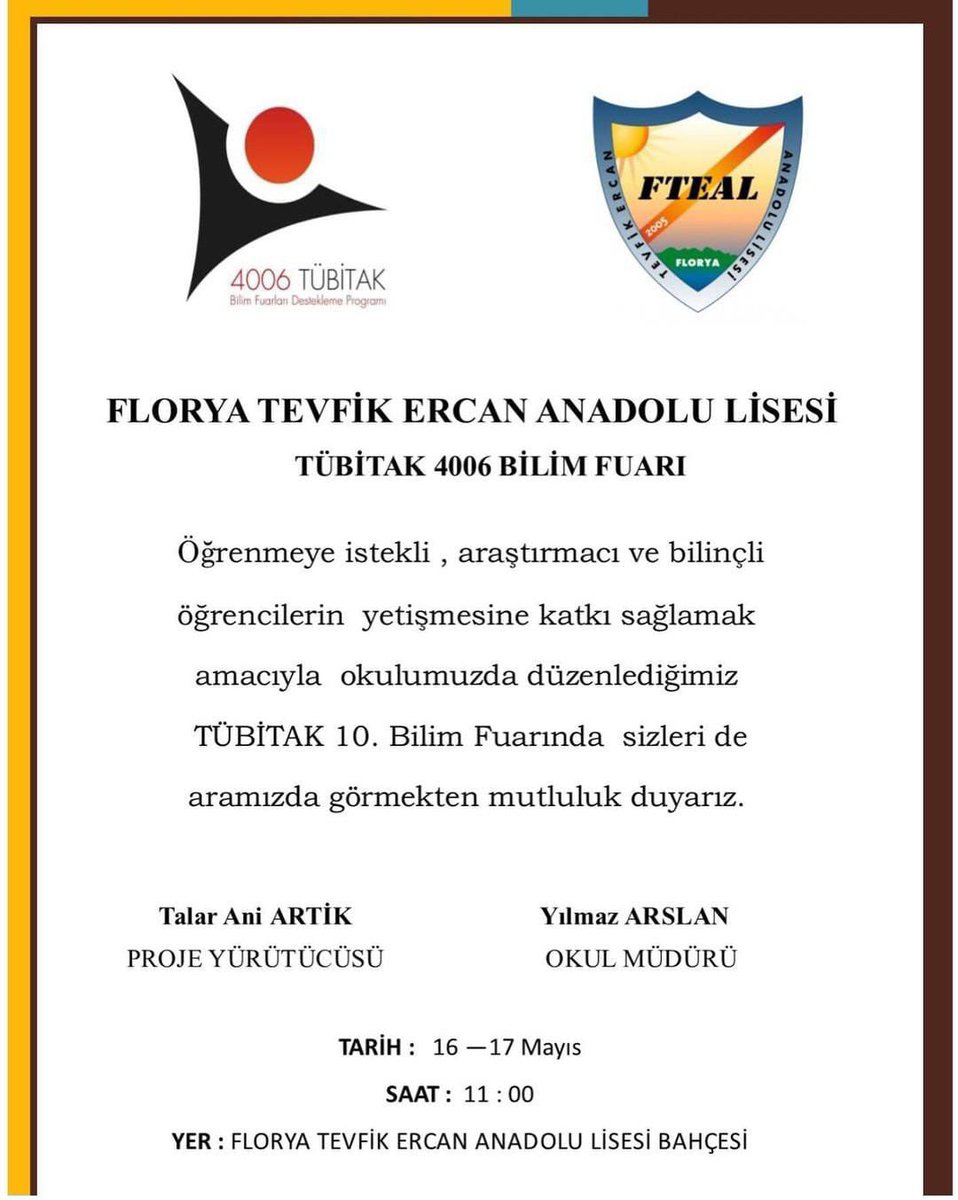 Florya Tevfik Ercan Anadolu Lisesi (@florya_teal) on Twitter photo #TÜBİTAK10BilimFuarımızda sizleri de aramızda görmekten mutluluk duyarız.<a href="/BakirkoyMEM/">Bakırköy İlçe Millî Eğitim Müdürlüğü</a> <a href="/karzuoglu/">Kürşat ARZUOĞLU</a> <a href="/ymzarslan/">Yılmaz Arslan</a> #TÜBİTAK10BilimFuarımızda sizleri de aramızda görmekten mutluluk duyarız.<a href="/BakirkoyMEM/">Bakırköy İlçe Millî Eğitim Müdürlüğü</a> <a href="/karzuoglu/">Kürşat ARZUOĞLU</a> <a href="/ymzarslan/">Yılmaz Arslan</a>