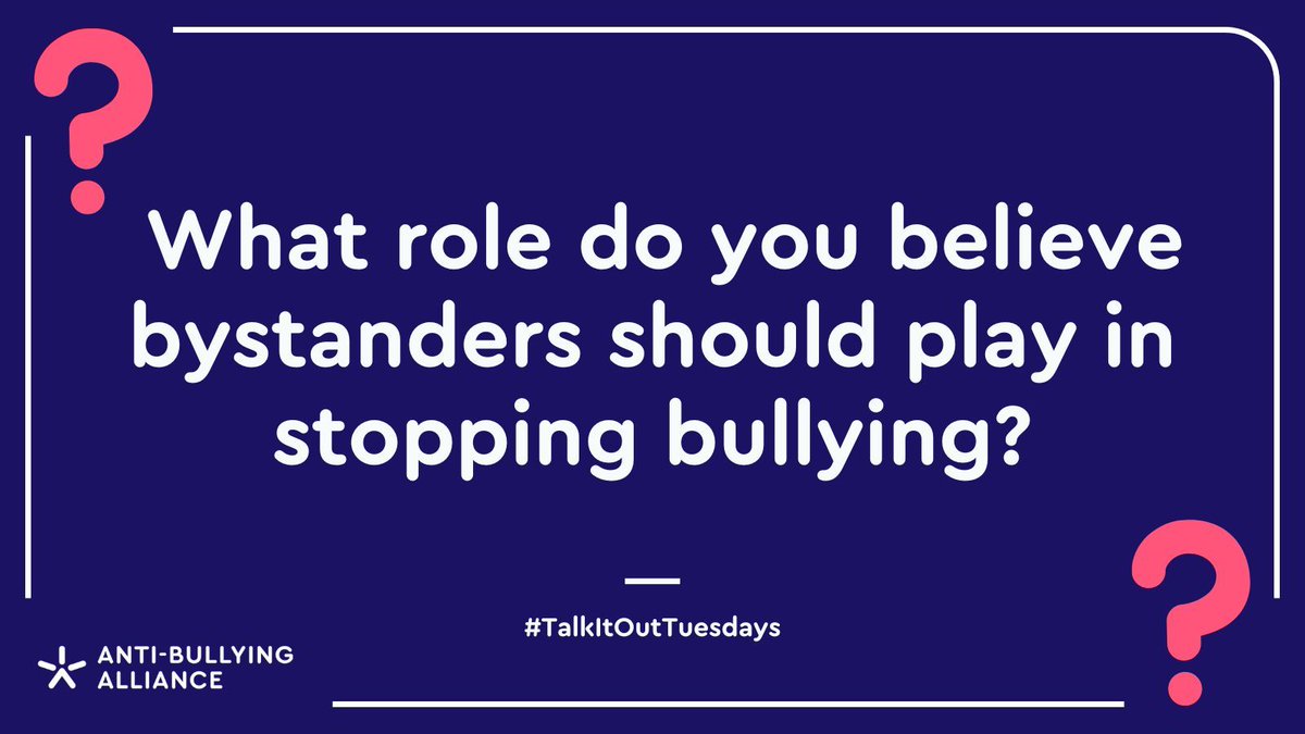 Bystanders play a crucial role in stopping bullying. Our question to you is this: What role do you believe they should play? Join the conversation with #TalkItOutTuesdays You can find out about bullying as a group behaviour here: youtu.be/-h28qPIxQvA