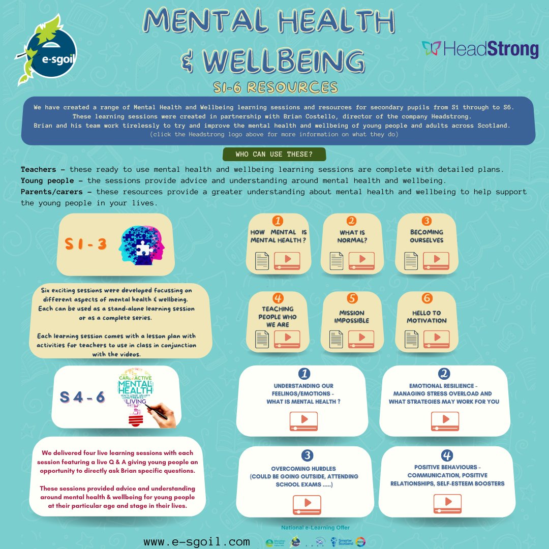 We were delighted to partner with @HeadStrongMind5 to provide Mental Health & Wellbeing sessions and create resources for learners from P7-S1 The recordings of the live sessions for S1-3 & S4-6 can be found here e-sgoil.com/media/scof4npa… #MentalHealthAwarenessWeek